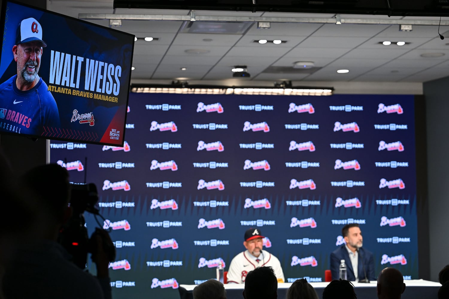Newly hired Braves manager Walt Weiss (left) and president of baseball operations Alex Anthopoulos attend a news conference Tuesday, Nov. 4, 2025, at Truist Park in Atlanta. (Daniel Varnado for the AJC)