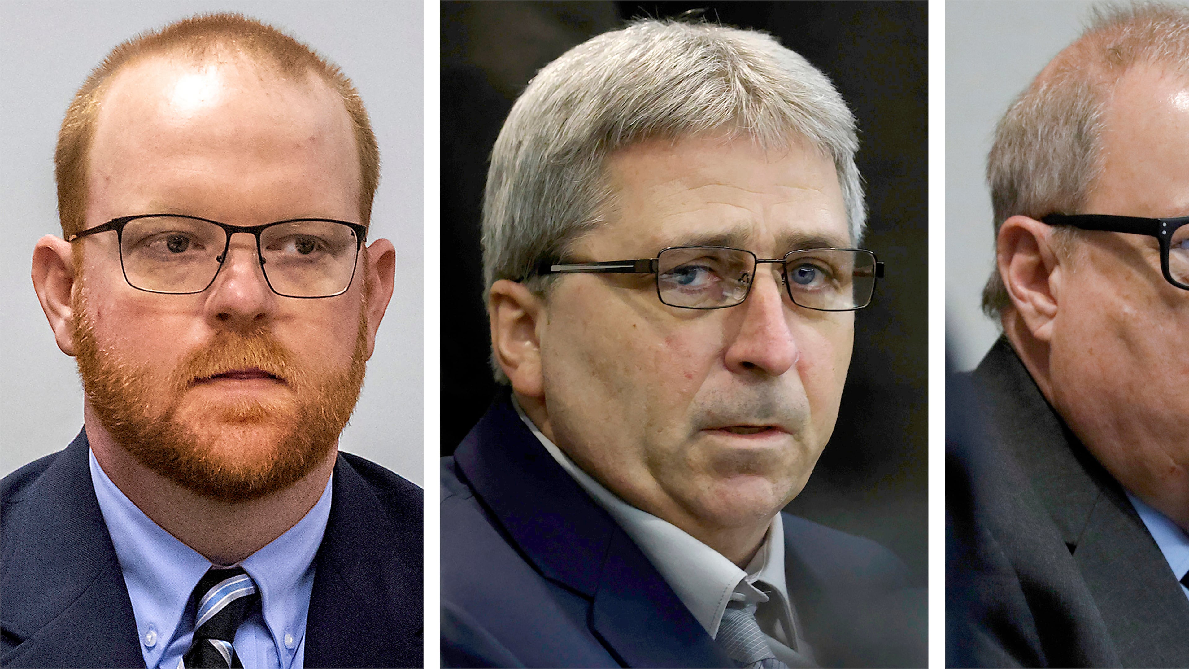FILE - This combination of photos shows, from left, Travis McMichael, William "Roddie" Bryan, and Gregory McMichael during their trial at the Glynn County Courthouse in Brunswick, Ga. (AP Photo/Pool, File)