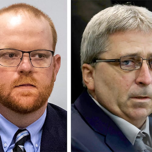 FILE - This combination of photos shows, from left, Travis McMichael, William "Roddie" Bryan, and Gregory McMichael during their trial at the Glynn County Courthouse in Brunswick, Ga. (AP Photo/Pool, File)