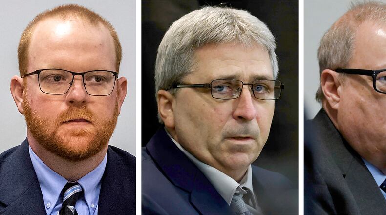 FILE - This combination of photos shows, from left, Travis McMichael, William "Roddie" Bryan, and Gregory McMichael during their trial at the Glynn County Courthouse in Brunswick, Ga. (AP Photo/Pool, File)