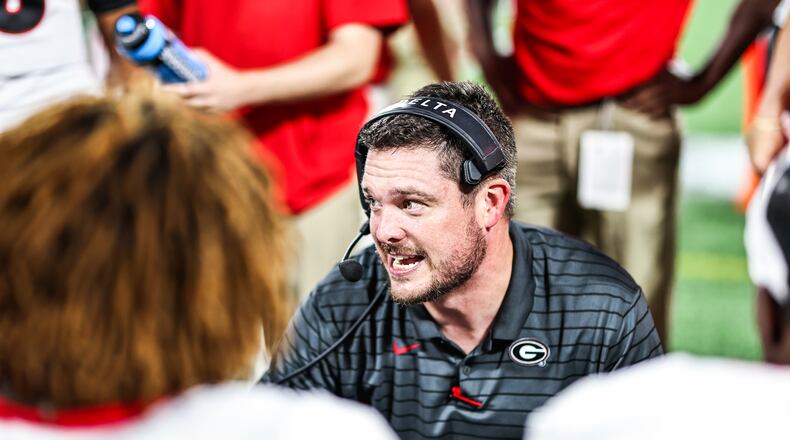 Georgia defensive coordinator Dan Lanning gives players instructions during a game against Clemson at Bank of America Stadium in Charlotte, NC., on Saturday Sept. 4, 2021. (Photo by Tony Walsh/UGA Athletics)