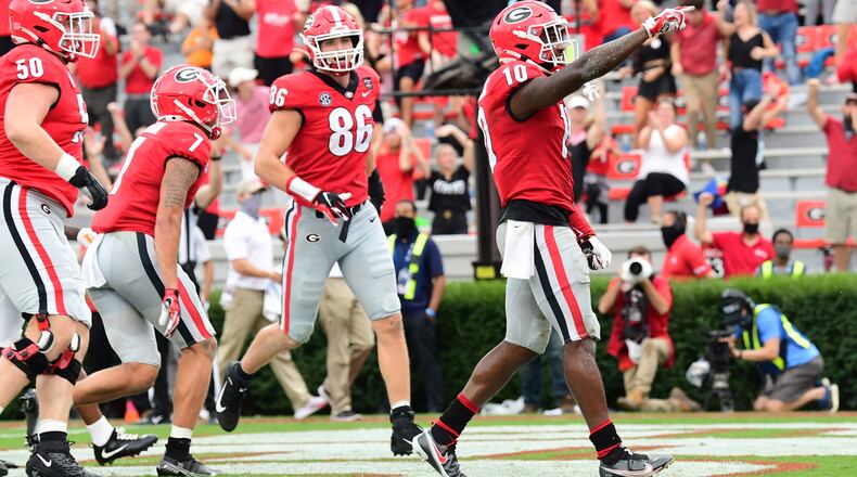 Georgia wide receiver Kearis Jackson (10) signals after scoring in the Bulldogs' 44-21 win over Tennessee Saturday, Oct. 10, 2020, in Athens. (Perry McIntyre/UGA Sports)