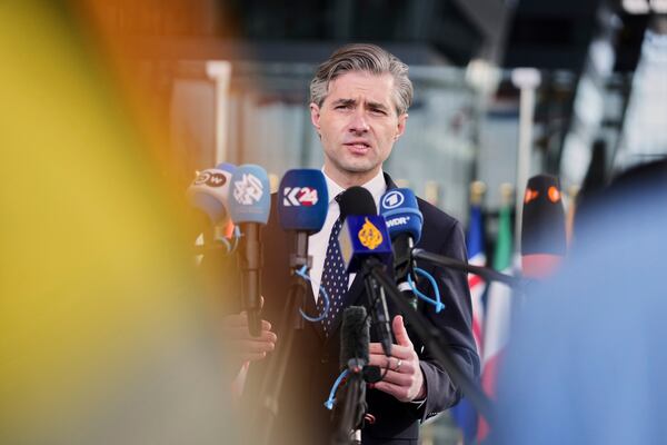 Lithuania's Foreign Minister Kestutis Budrys speaks with the media as he arrives for a meeting of NATO foreign ministers at NATO headquarters in Brussels, Thursday, April 3, 2025. (AP Photo/Virginia Mayo)
