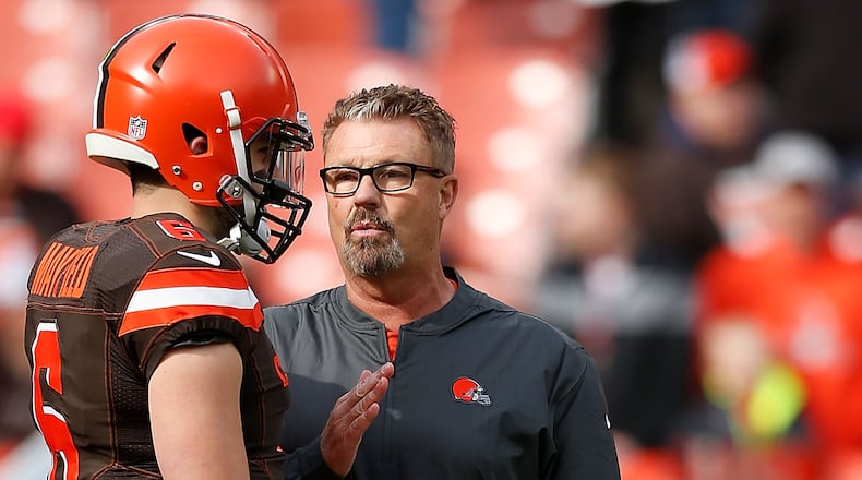Cleveland head coach Gregg Williams talks with quarterback Baker Mayfield prior to the game against the Kansas City Chiefs Nov. 4, 2018, at FirstEnergy Stadium in Cleveland.