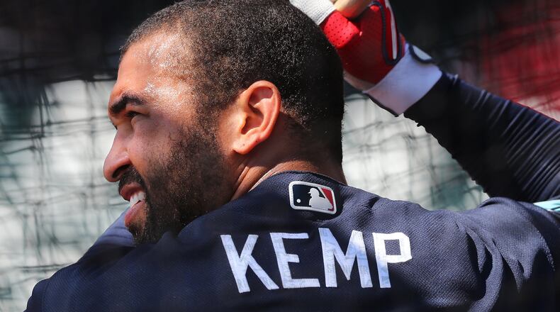 Braves left fielder Matt Kemp left Wednesday’s game at Washington with what appeared to be a left hamstring injury. (Curtis Compton/AJC file photo)