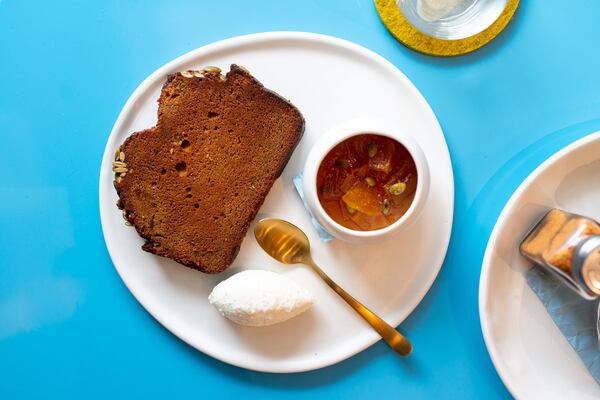 The warm pumpkin bread is served with whipped feta, and pumpkin seed agrodolce. CONTRIBUTED BY MIA YAKEL