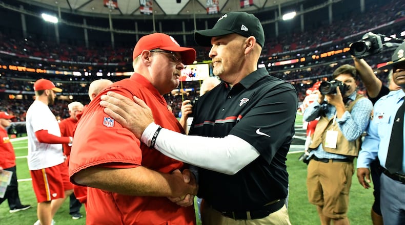 December 4, 2016 Atlanta - Kansas City Chiefs head coach Andy Reid (left) and Atlanta Falcons head coach Dan Quinn shake hands after Chiefs beat Falcons in an NFL football game at the Georgia Dome on Sunday, December 4, 2016. Kansas City Chiefs won 29 - 28 over the Atlanta Falcons. HYOSUB SHIN / HSHIN@AJC.COM