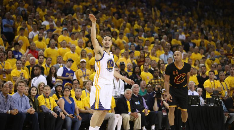 Klay Thompson #11 of the Golden State Warriors watches his jump shot defended by Richard Jefferson #24 of the Cleveland Cavaliers during the second half of Game 2 of the 2017 NBA Finals at ORACLE Arena on June 4, 2017 in Oakland, California. (Photo by Ezra Shaw/Getty Images)
