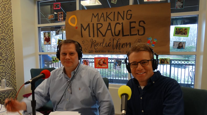 Rob Stadler's debut on NewsRadio 106.7 with Tom Haynes from Fox 5 guesting during the Children's Healthcare radioathon December 11, 2015. CREDIT: Rodney Ho/ rho@ajc.com