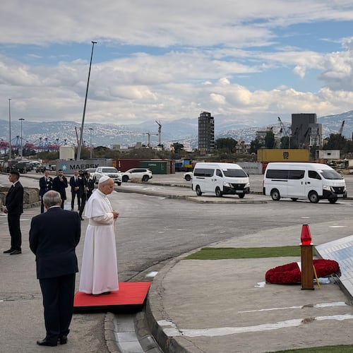 Pope Leo XIV prays at a memorial for the victims of the 2020 Beirut port explosion at the site off the explosion in Beirut, Lebanon, Tuesday, Dec. 2, 2025. (AP Photo/Fadi Tawil)
