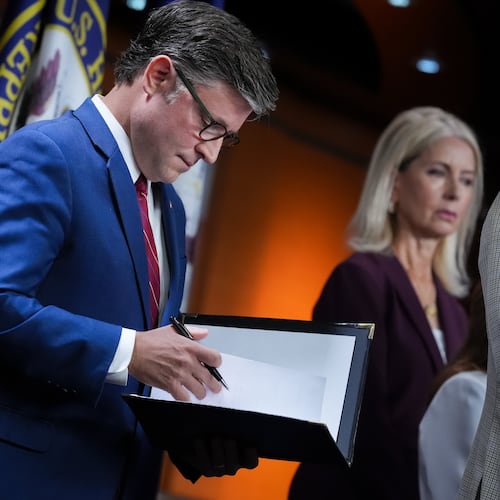 Speaker of the House Mike Johnson, R-La., joined by GOP leaders, prepares to talk to reporters at the Capitol in Washington, Wednesday, June 3, 2026. (AP Photo/J. Scott Applewhite)
