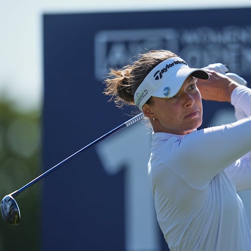 Esther Henseleit, of Germany, drives off the 16th tee during the third round of the Women's British Open golf championship in Lytham St Annes, England, Saturday, Aug. 1, 2026. (AP Photo/Jon Super)