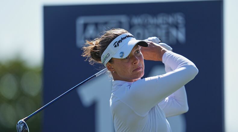 Esther Henseleit, of Germany, drives off the 16th tee during the third round of the Women's British Open golf championship in Lytham St Annes, England, Saturday, Aug. 1, 2026. (AP Photo/Jon Super)