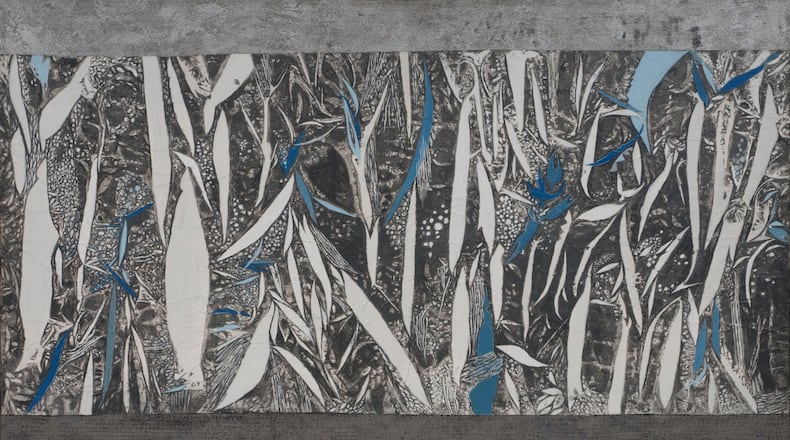 “AYA Series #3” collage on canvas by Freddie Styles is featured in “The Nature of Art” alongside work by Richard Mayhew.