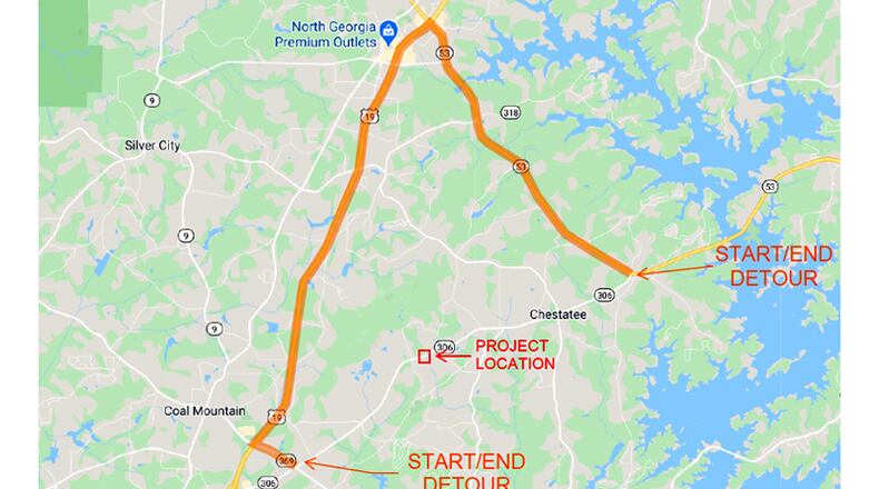 Map depicts the recommended detour when Keith Bridge Road in Forsyth County is closed June 1 for a culvert replacement project. GEORGIA DEPARTMENT OF TRANSPORTATION