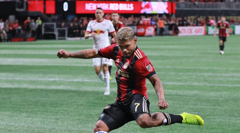 Nov 25, 2018 Atlanta: Atlanta United forward Josef Martinez scores a goal against the New York Red Bulls for a 1-0 lead during the first half in their Eastern Conference finals MLS soccer game on Sunday, Nov. 25, 2018, in Atlanta. Curtis Compton/ccompton@ajc.com