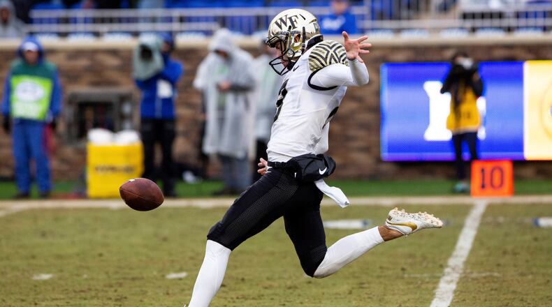 Wake Forest's Dom Maggio punts the ball during the first half against Duke Saturday, Nov. 24, 2018, in Durham, N.C. (Ben McKeown/AP)
