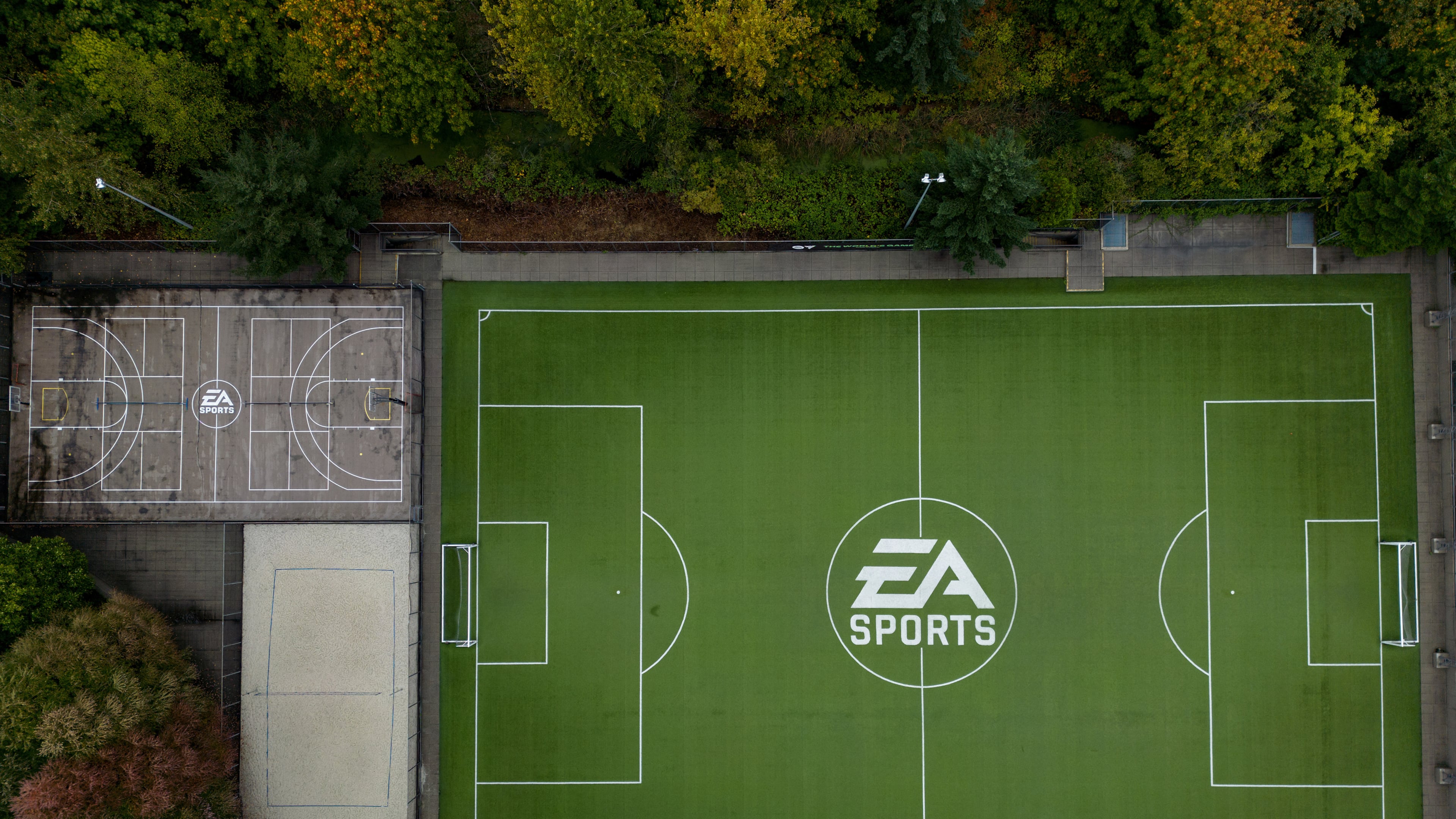 The EA Sports logo is seen on a soccer pitch at the Electronic Arts' office and studio complex, in Burnaby, British Columbia, Monday, Sept. 29, 2025. (Darryl Dyck/The Canadian Press via AP)