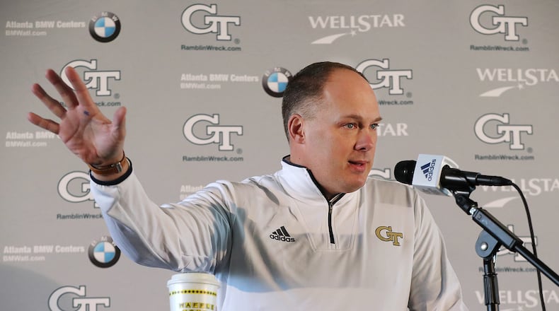 Georgia Tech head football coach Geoff Collins takes questions during a media session at Bobby Dodd Stadium on Thursday,  Jan. 10, 2019, in Atlanta.