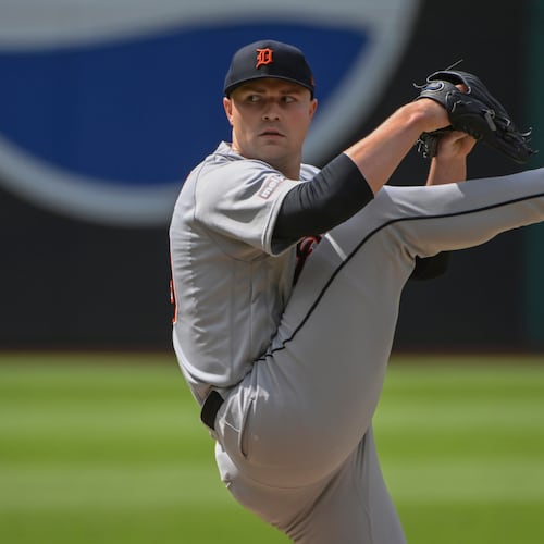 Detroit Tigers starting pitcher Tarik Skubal delivers against the Cleveland Guardians during the first inning of a baseball game, Saturday, June 13, 2026, in Cleveland. (AP Photo/Phil Long)