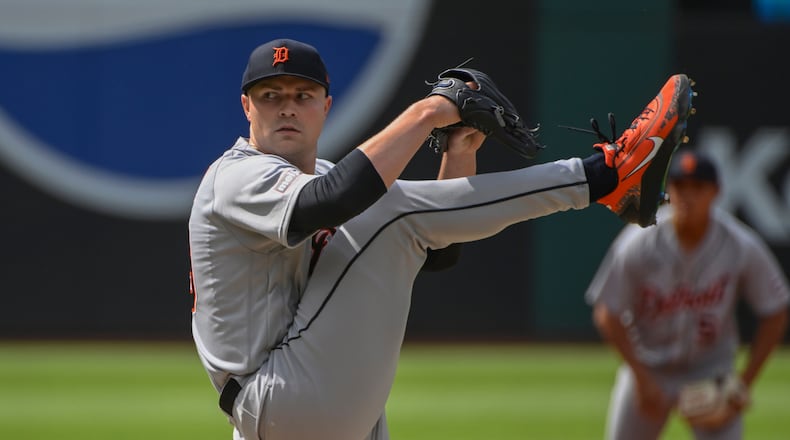 Detroit Tigers starting pitcher Tarik Skubal delivers against the Cleveland Guardians during the first inning of a baseball game, Saturday, June 13, 2026, in Cleveland. (AP Photo/Phil Long)