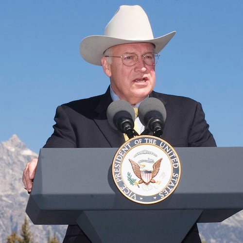 FILE - Vice President Dick Cheney addresses the crowd during a dedication ceremony of the Craig Thomas Discovery and Visitor Center in the Grand Teton National Park on Aug. 11, 2007, in Moose, Wyo. (Michael G. Seamans/Jackson Hole News & Guide via AP, File)
