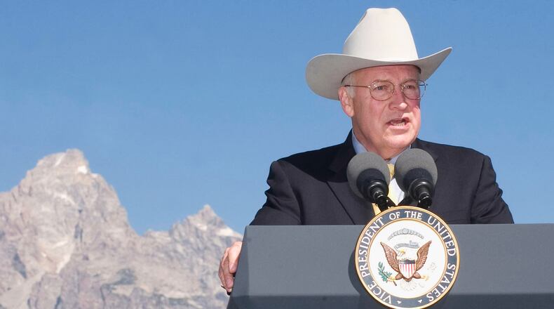 FILE - Vice President Dick Cheney addresses the crowd during a dedication ceremony of the Craig Thomas Discovery and Visitor Center in the Grand Teton National Park on Aug. 11, 2007, in Moose, Wyo. (Michael G. Seamans/Jackson Hole News & Guide via AP, File)