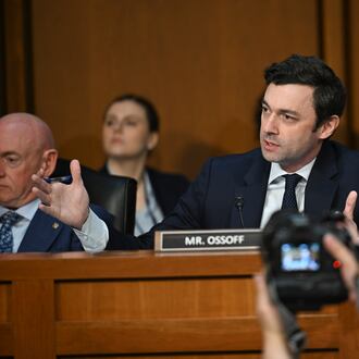 Sen. Jon Ossoff (D-Ga.) questions witnesses during a Senate Intelligence Committee hearing on worldwide threats, at the Capitol in Washington on Tuesday, March 25, 2025. The hearing came a day after news of a major security breach roiled the Tump administration. (Kenny Holston/The New York Times)