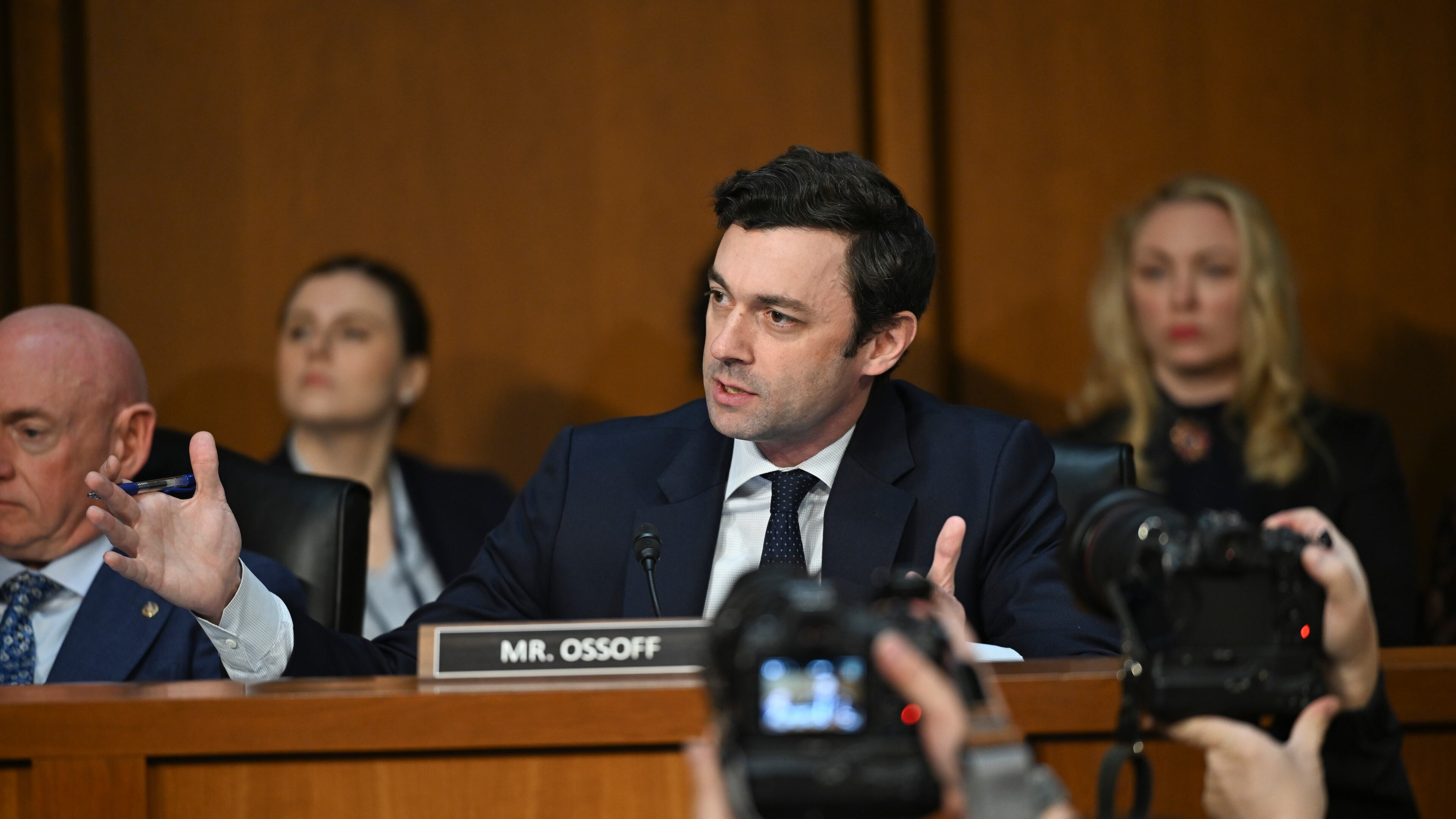 Sen. Jon Ossoff (D-Ga.) questions witnesses during a Senate Intelligence Committee hearing on worldwide threats, at the Capitol in Washington on Tuesday, March 25, 2025. The hearing came a day after news of a major security breach roiled the Tump administration. (Kenny Holston/The New York Times)