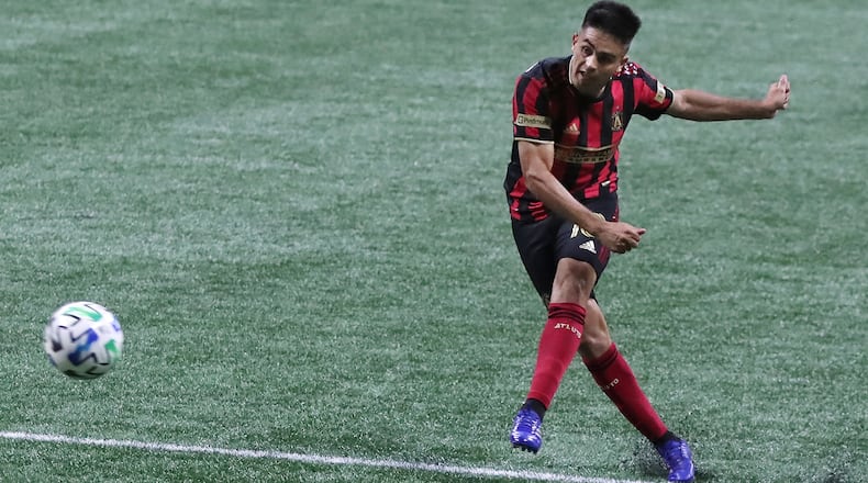 Atlanta United midfielder Pity Martinez scores his second goal of the night against Nashville SC Saturday, Aug. 22, 2020, Mercedes-Benz Stadium in Atlanta Atlanta United won, 2-0.