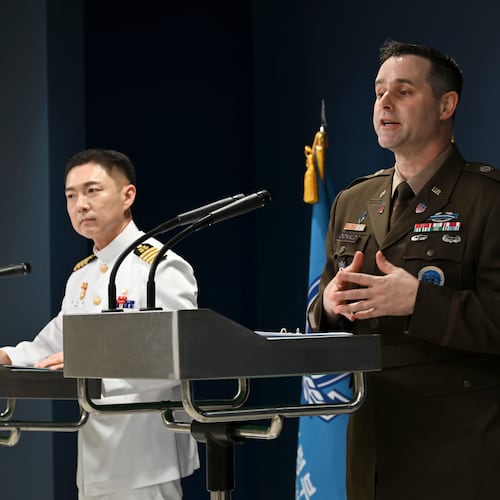 Col. Jang Do-young, left, public affairs director of South Korea's Joint Chiefs of Staff and Col. Ryan Donaldn, public affairs director of the United Nations Command, Combined Forces Command and United States Forces Korea attend a press briefing for the Ulchi Freedom Shield 2026 exercise at the Defense Ministry in Seoul, South Korea Monday, Aug. 10, 2026. (Song Kyung-Seok/Pool Photo via AP)