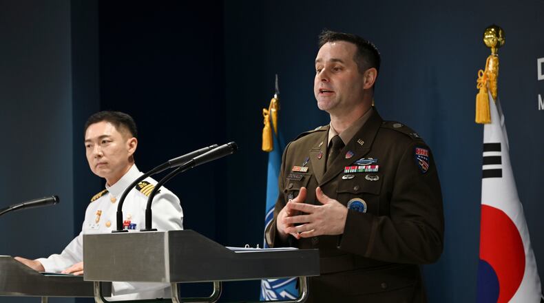 Col. Jang Do-young, left, public affairs director of South Korea's Joint Chiefs of Staff and Col. Ryan Donaldn, public affairs director of the United Nations Command, Combined Forces Command and United States Forces Korea attend a press briefing for the Ulchi Freedom Shield 2026 exercise at the Defense Ministry in Seoul, South Korea Monday, Aug. 10, 2026. (Song Kyung-Seok/Pool Photo via AP)