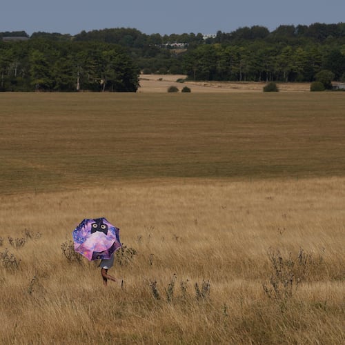 A person holds an umbrella and walks through dry grass at Stonehenge in Wiltshire, England, Thursday, Aug. 13, 2026. (AP Photo/Kin Cheung)