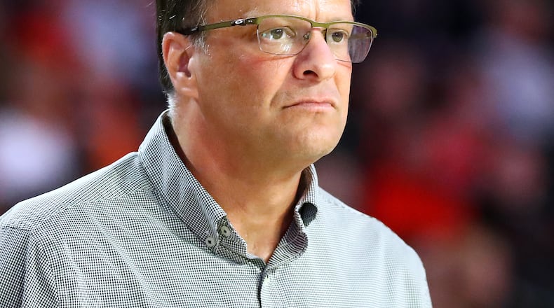 Georgia coach Tom Crean watches game action against Auburn in a NCAA college basketball game on Saturday, Feb. 5, 2022, in Athens. “Curtis Compton / Curtis.Compton@ajc.com”`