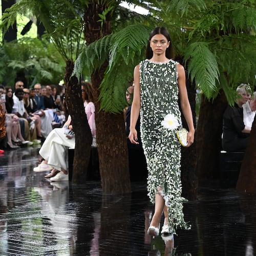A model wears a creation as part of the Christian Dior Haute Couture Fall/Winter 2026-2027 Women's collection presented in Paris, Monday, July 6, 2026. (AP Photo/Emma Da Silva)