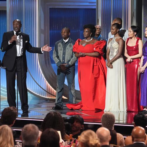 Delroy Lindo, from left, Miles Canton, Wunmi Mosaku, Omar Benson Miller, Jayme Lawson, Li Jun Li, Lola Kirke, Francine Maisler, and Michael B. Jordan accept the award for outstanding performance by a cast in a motion picture for "Sinners" during the 32nd Annual Actor Awards on Sunday, March 1, 2026, at the Shrine Auditorium and Expo Hall in Los Angeles. (AP Photo/Chris Pizzello)