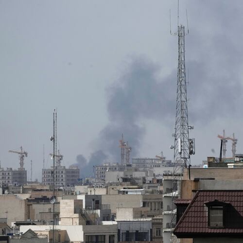 Smoke rises on the skyline after an explosion in Tehran, Iran, Saturday, Feb. 28, 2026.(AP Photo/Vahid Salemi)