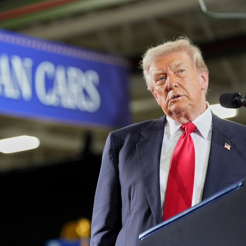 President Donald Trump pauses during a speech at General Motors proving ground, Monday, July 27, 2026, in Milford, Mich. (AP Photo/Alex Brandon)