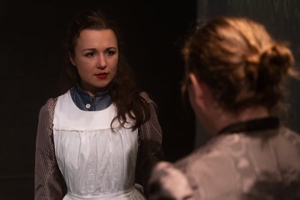 Daughter Gwen (Claire F. Martin, left) finds Lawrence/the Wolfman strangely appealing when her mom, Dr. Beatrice Chiswick (Amanda Lindsey McDonald, right), brings him home to convalesce. (Photo by Nicholas Tycho Reed)