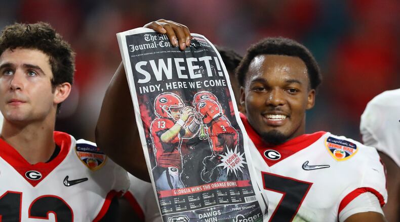 12/31/21 - Miami Gardens -  Georgia linebacker Nakobe Dean celebrates winning the Orange Bowl at Hard Rock Stadium in Miami Gardens.     Curtis Compton / Curtis.Compton@ajc.com