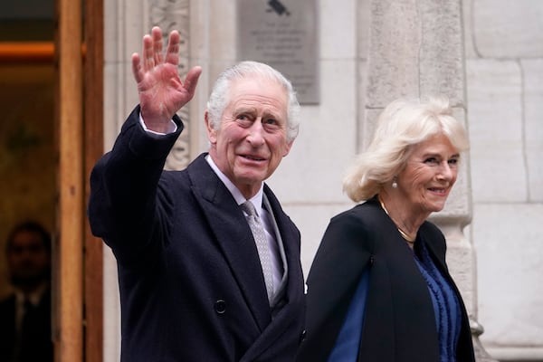 FILE - Britain's King Charles III and Queen Camilla leave The London Clinic in central London, Monday, Jan. 29, 2024. King Charles III was in hospital to receive treatment for an enlarged prostate. (AP Photo/Alberto Pezzali, File)