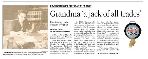 The AJC first learned about you and your grandmother, Cele Marcoux, in 2009, when you contributed her recipe for frozen lime mint salad. You described her as a “jack of all trades” and a “masterful seamstress,” and told us about IceMilk Aprons, the business venture the two of you cooked up when you were barely out of college.