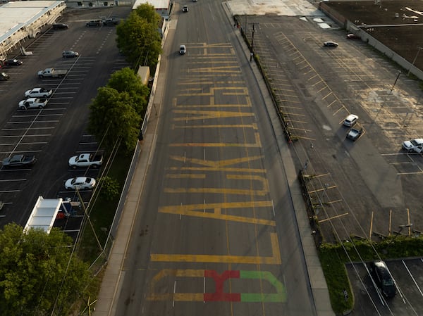 A Black Lives Matter Mural painted by Thaxton Waters II is seen in an aerial view on Thursday, May 22, 2025 in Nashville, Tenn. (AP Photo/Kevin Wurm)