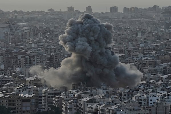 Smoke rises following an Israeli airstrike on Dahiyeh in the southern suburb of Beirut, Lebanon, Sunday, April 27, 2025. (AP Photo/Bilal Hussein)