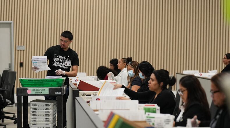 Ballots are inspected the day after California's primary election at the LA County Ballot Processing Center Wednesday, June 3, 2026, in City of Industry, Calif. (AP Photo/Jae C. Hong)
