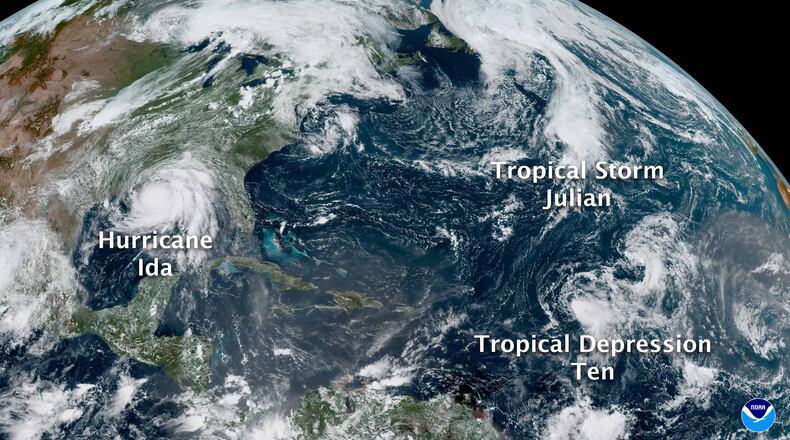 A satellite image shows Hurricane Ida, Tropical Storm Julian and Tropical Depression Ten on August 29, 2021. Despite a slow finish, the 2021 hurricane season was the third-most active on record. (NOAA)
