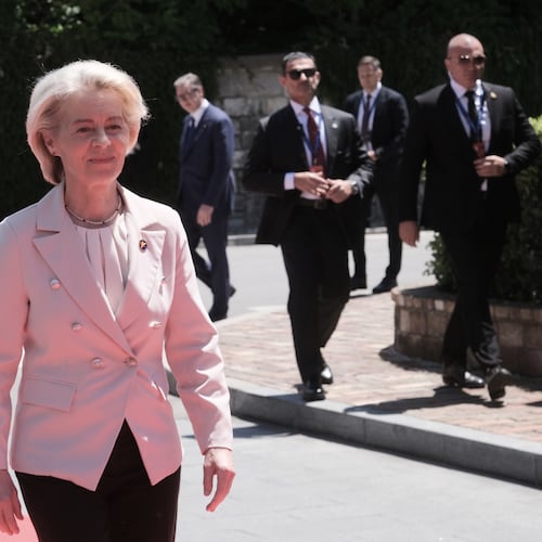 European Commission President Ursula von der Leyen arrives to attend the EU-Western Balkans summit in the Montenegrin coastal town of Tivat, Friday, June 5, 2026. (AP Photo/Risto Bozovic)