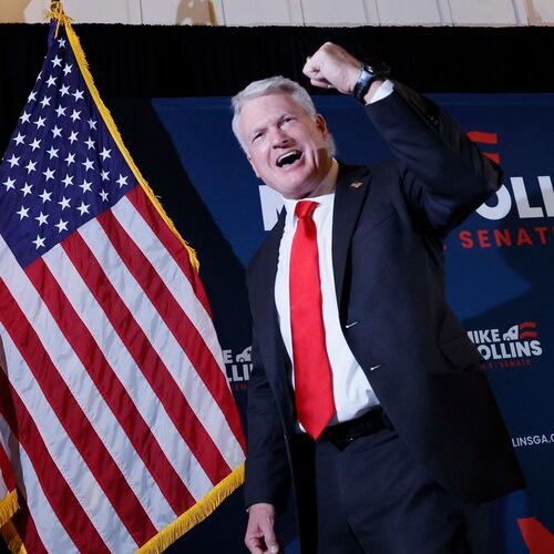 U.S. Rep. Mike Collins celebrates with supporters after his speech at his watch party following his victory in the U.S. Senate runoff election at Seven Oaks Manor in Jackson, GA, on Tuesday, June 16, 2026. Collins will face Democratic U.S. Sen. Jon Ossoff in the November election. (Miguel Martinez/AJC)