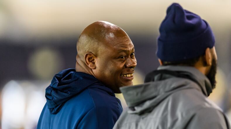 Former Georgia Tech character-development coach Derrick Moore at a Yellow Jackets spring practice on March 3, 2020. Moore left Tech in January 2021 to accept a similar position at South Carolina. (Danny Karnik/Georgia Tech Athletics)