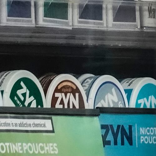 FILE - Containers of Zyn, a smokeless nicotine pouch, are displayed for sale among other nicotine and tobacco products at a newsstand on Feb. 23, 2024, in New York. (AP Photo/Bebeto Matthews, File)
